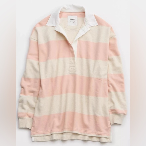 Aerie Prep Rally Rugby Stripe Sweatshirt Pink Oversized Preppy.         22 - Picture 4 of 13